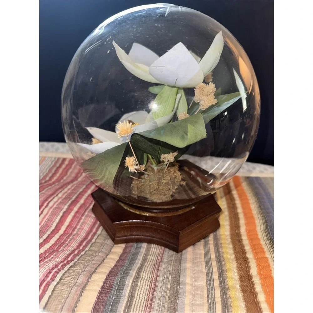 MCM Floral Plastic Globe Dome On Wood Base Retro GrannyCore Cottagecore
